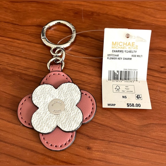 MICHAEL Michael Kors Leather Charms Key Chain Flower Leather Rose Pink White - Picture 4 of 4